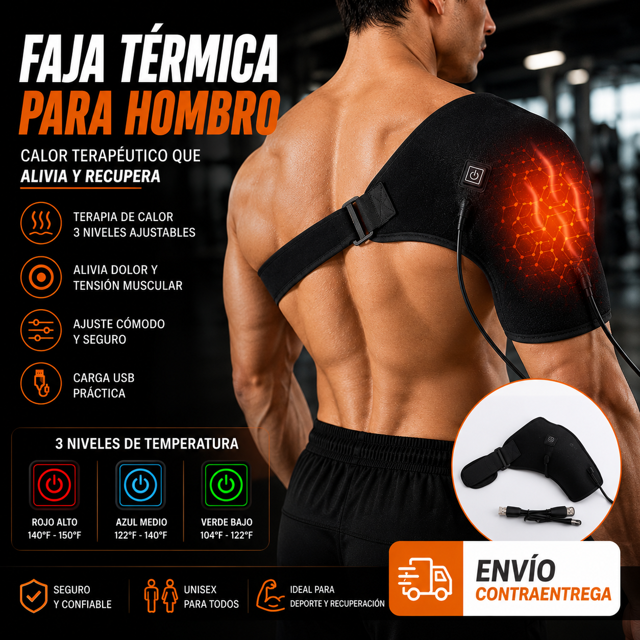 🔥 Hombrera Faja Térmica para hombre Electrica | 💆‍♂️ Alivio del Dolor de Hombro | ⚡ 3 Niveles de Calor | 🚚 Contra Entrega
