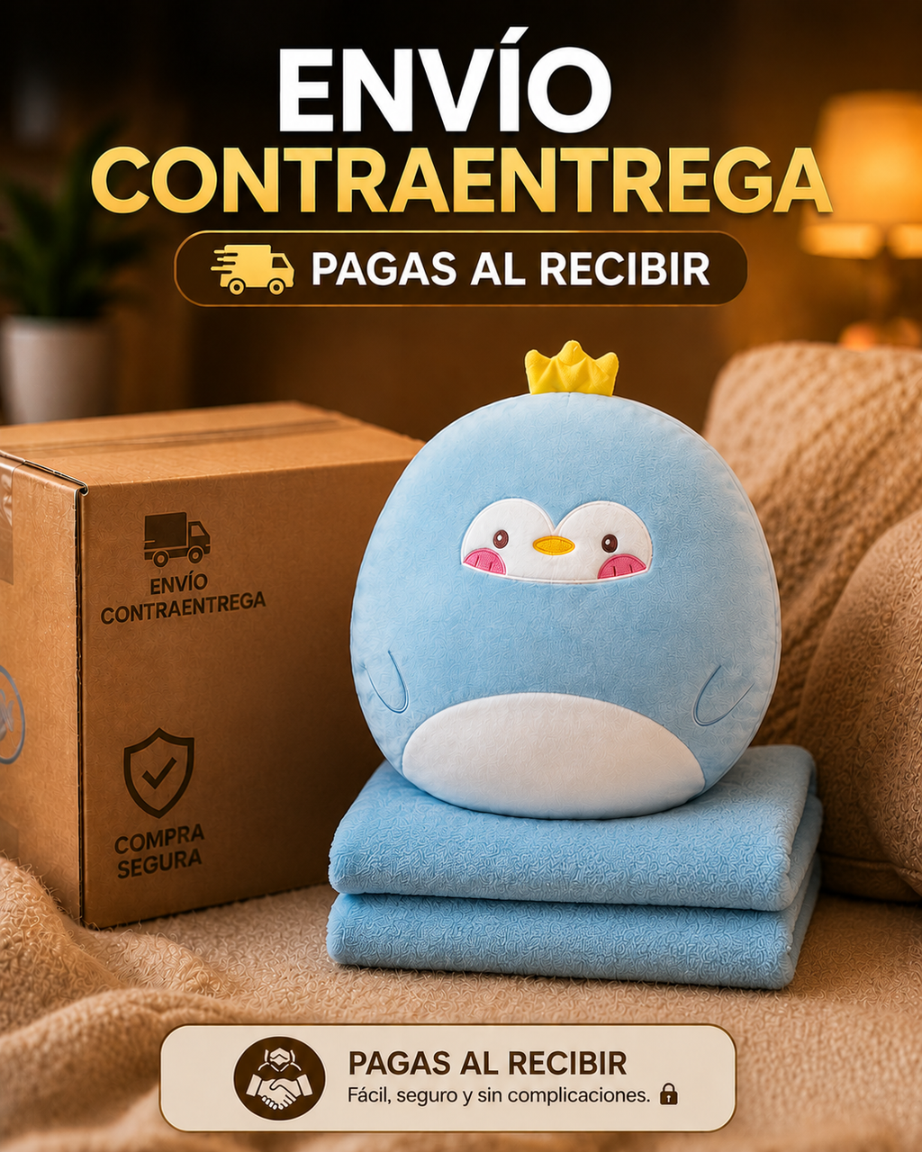 🧸✨ Peluche Cobija 3 en 1 – Almohada, Cobija y Calentador de Manos 💖🌙