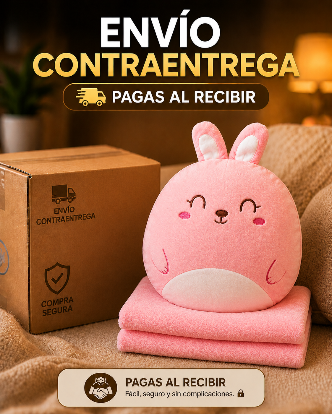 🧸✨ Peluche Cobija 3 en 1 – Almohada, Cobija y Calentador de Manos 💖🌙