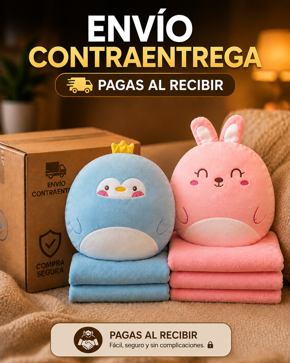🧸✨ Peluche Cobija 3 en 1 – Almohada, Cobija y Calentador de Manos 💖🌙